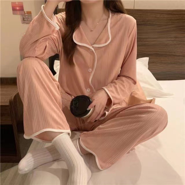 ins Korean style simple solid color long-sleeved pajamas for women in spring and autumn, with loose milk thread stripes and cross-border home wear for girls details Picture