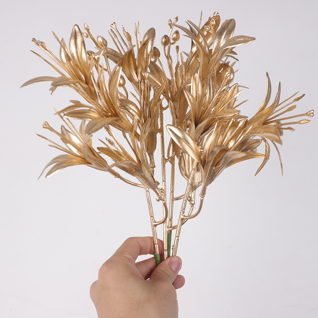 仿真金色花材单支跨境新款金色插枝插花多叉百合家居装饰厂家直销产品图