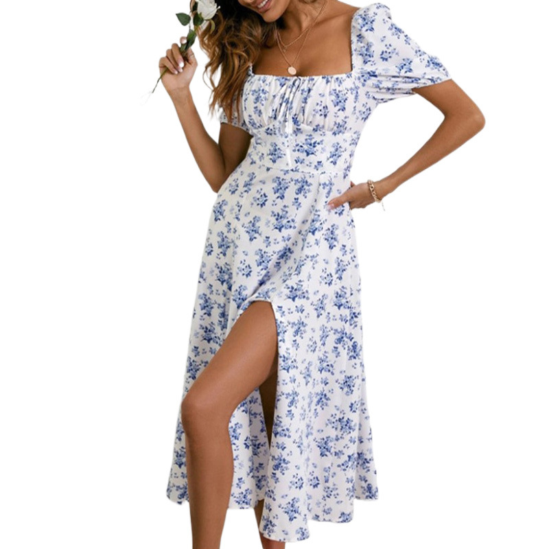 Spring 2026 new women's cross-border European, American and French style dress, figure-hugging backless floral split-cut halter dress Item Picture