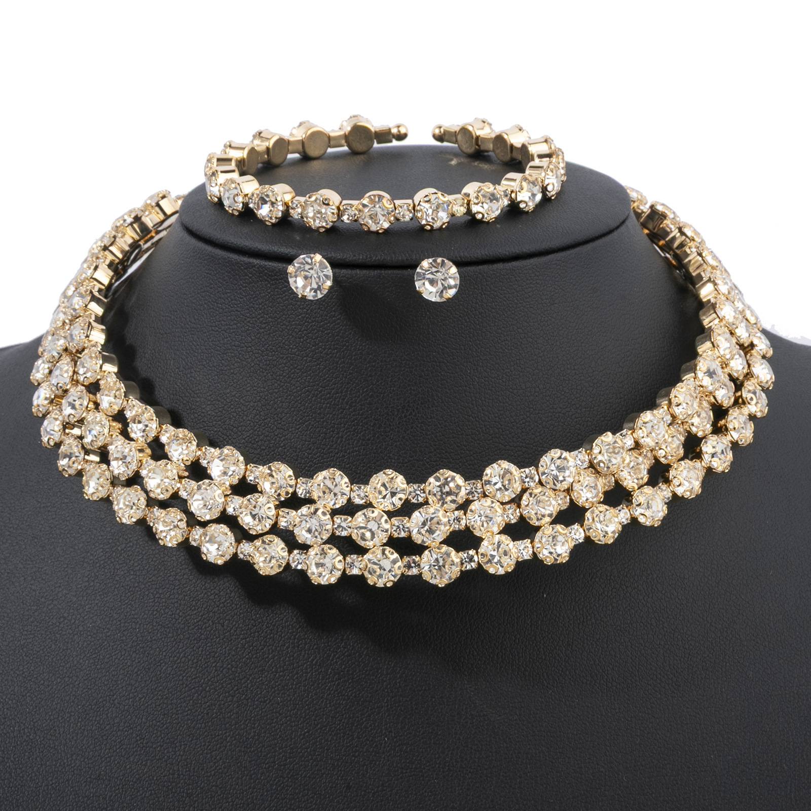 Three-piece set of cross-border European and American bride accessories: water diamond stud bracelet, three-row collar, wedding full diamond jewelry set details Picture