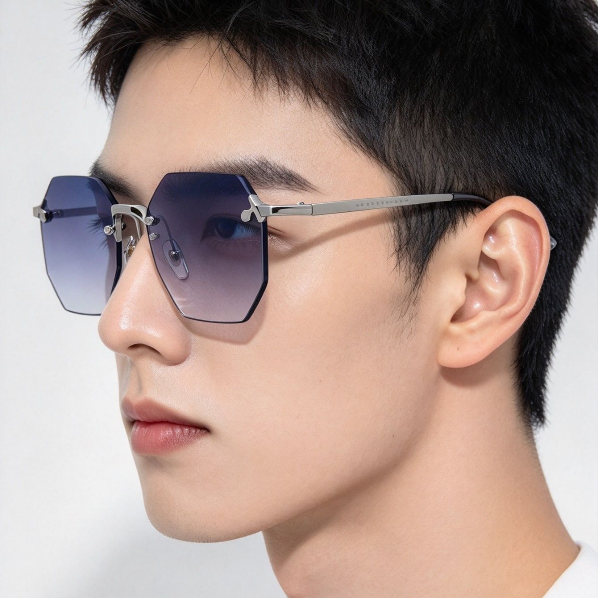 Octagonal frameless sunglasses, men's and women's retro glasses, metal thin temple, fashionable UV protection, personalized sunglasses