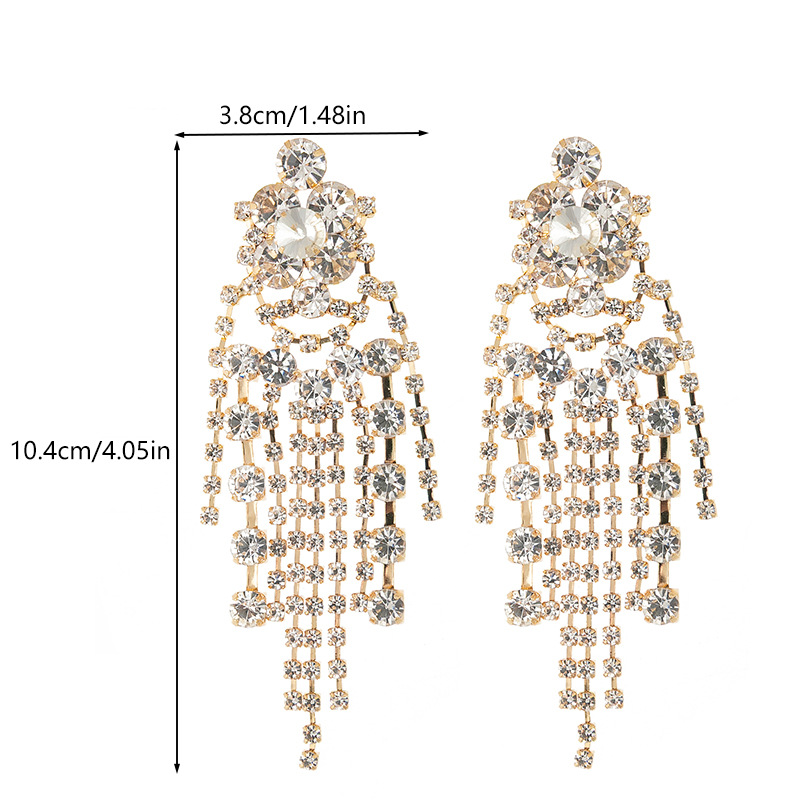 Factory direct sales cross-border claw chain earrings, full rhineston exaggerated tassel earrings, luxurious and trendy European and American party dress accessories, long and elegant women's earrings Specification drawing