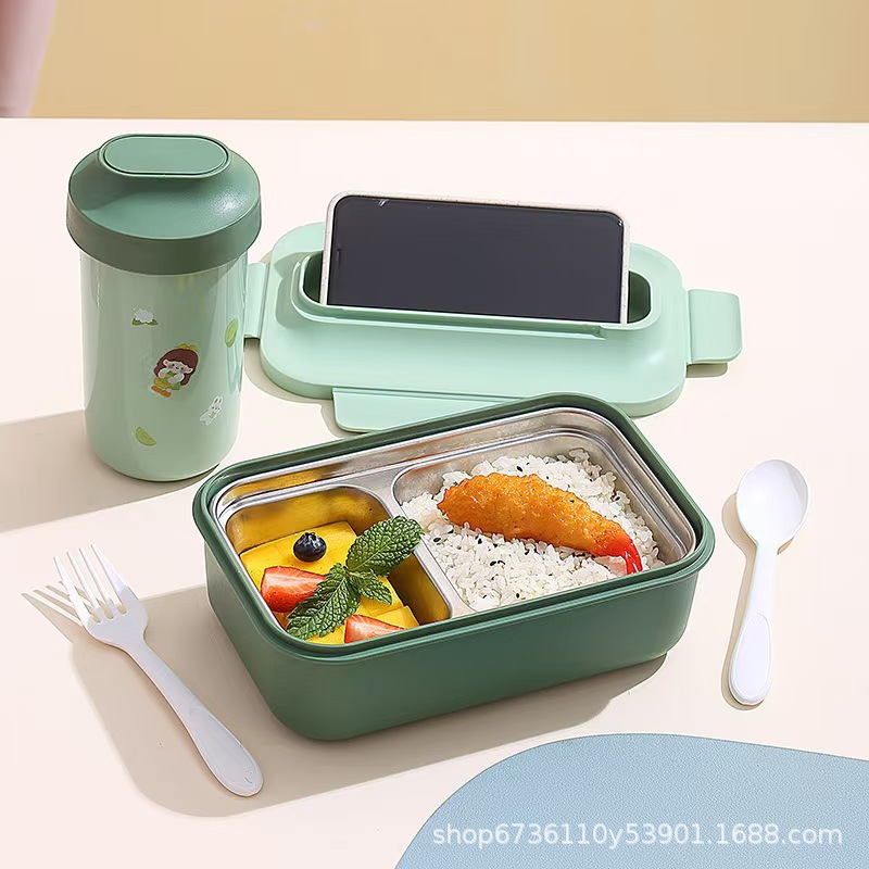 Student simple PP compartments lunch box, office worker 304 stainless steel lunch box, portable water cup and tableware set details Picture