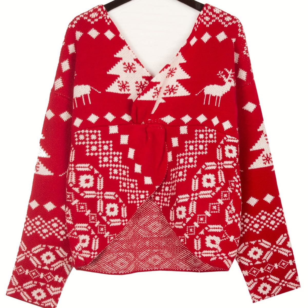 V-neck double-sided irregular smock sweater, backless and off-the-shoulder, Christmas snowflake pattern long-sleeved women's wool top details Picture