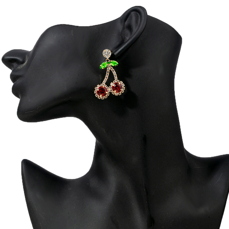 Wholesale of new cross-border European and American fashion red cherry rhinestone earrings, women's design sense and personality pendant with diamond setting details Picture
