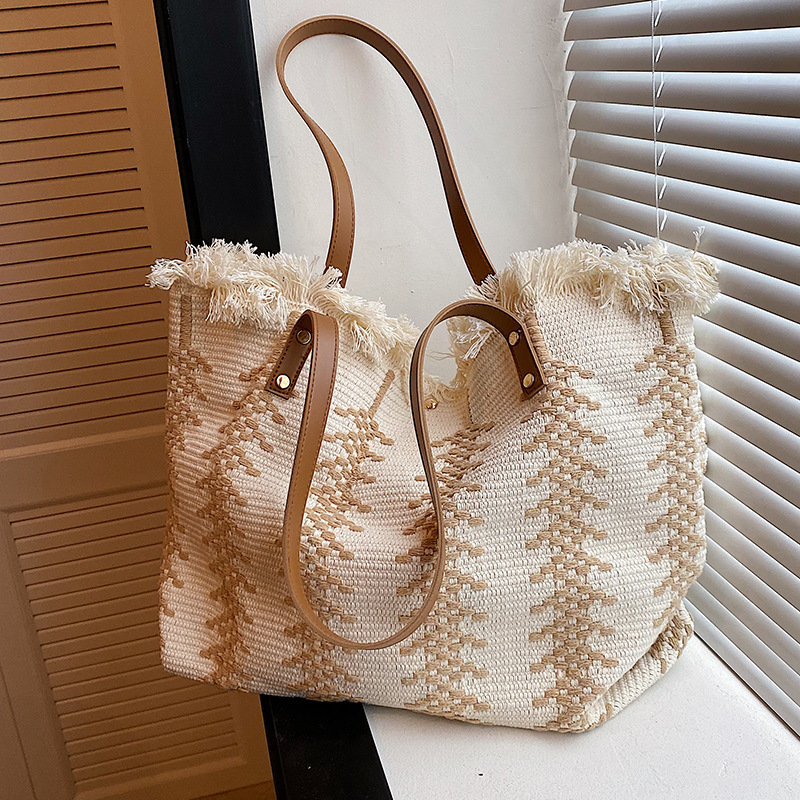 Cross-Border Canvas Bag, Large-Capacity Canvas Bag, Tote Bag, New Fringed Cotton And Linen Woven Women's Bag, Simple And Versatile Commuting Single-Shoulder Bag, Tote Bag, Canvas Bag