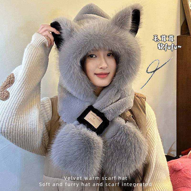 Korean plush and cute fox hat and scarf one-piece autumn and winter two-piece set with a hood, scarf and cycling head details Picture