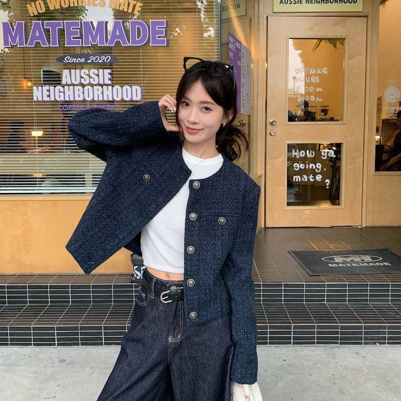 Navy blue short chanel-style coat for women, a new single-breasted retro high-end loose long-sleeved top for autumn and winter 2025 Specification image