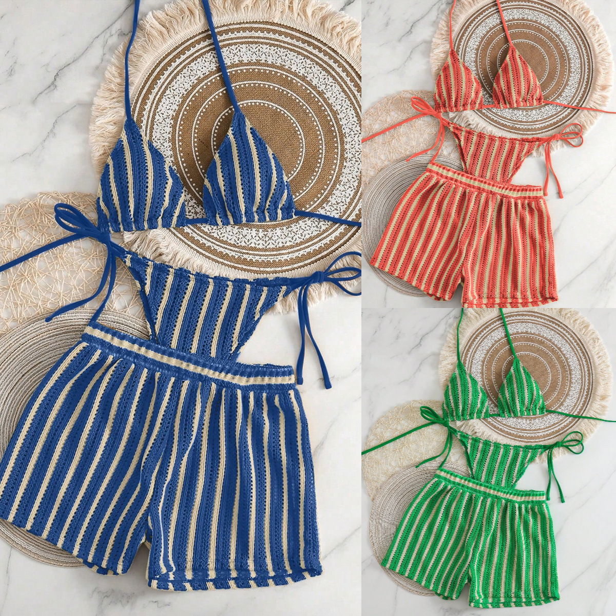 Cross-border knitted mesh striped two-piece flat-angle pants swimsuit feminine woven Bohemian bikini three-piece set full figure
