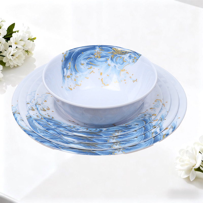 Melamine decorative round plates for foreign trade, hotel and restaurant plates, buffet steak plates, imitation porcelain round plates, commercial daily necessities full figure