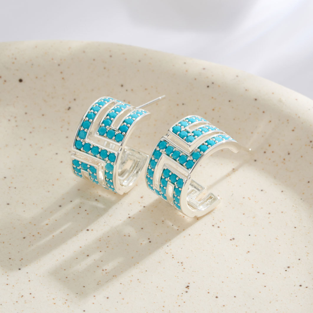 New Chinese-style retro half-circle earrings made of copper alloy with micro-inlaid blue pine zirconium s925 silver needle, exuding a light luxury and high-end feel details Picture