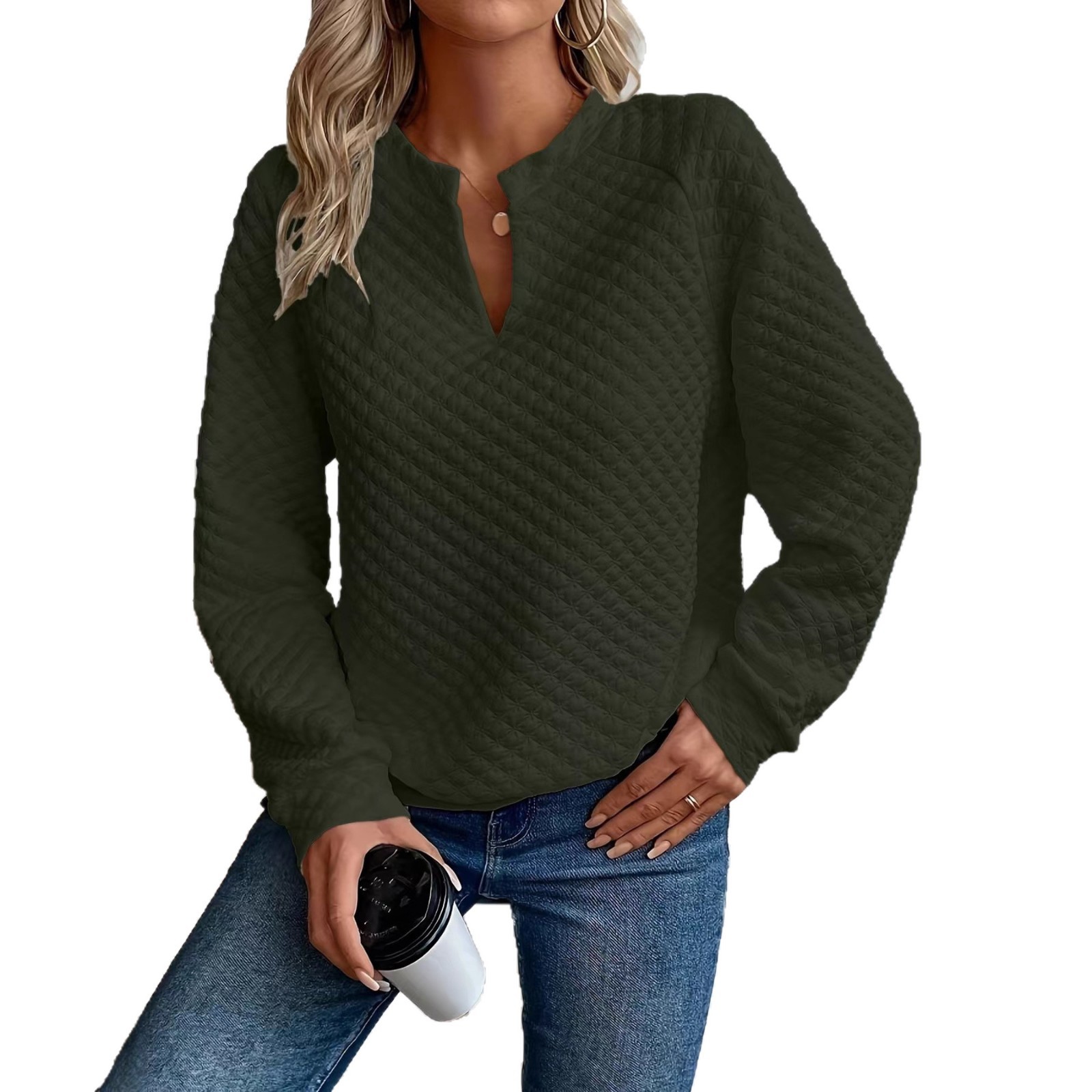 Autumn new 2025 Amazon European and American cross-border women's solid color deep V-neck spliced long-sleeved women's casual hoodie Item Picture