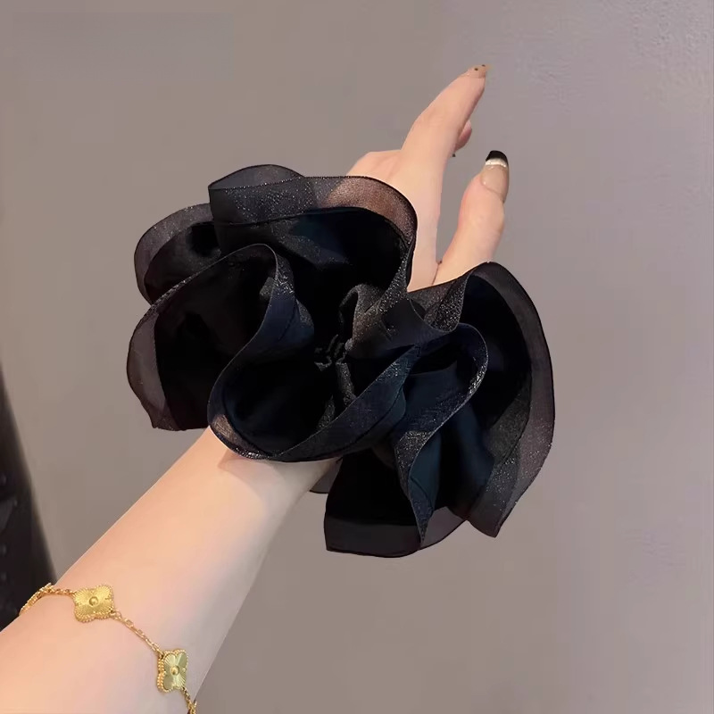 French laid-back style black ear-trimmed large intestine hair band, versatile hair tie, hair flower, black ponytail hair tie, high-end headwear Specification image