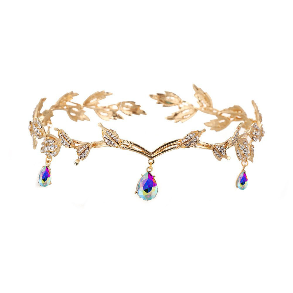 Amazon bride's forehead ornament, water diamond pendant between the eyebrows, wedding headwear, alloy colored diamond hair band, crown, bride's crystal jewelry details Picture