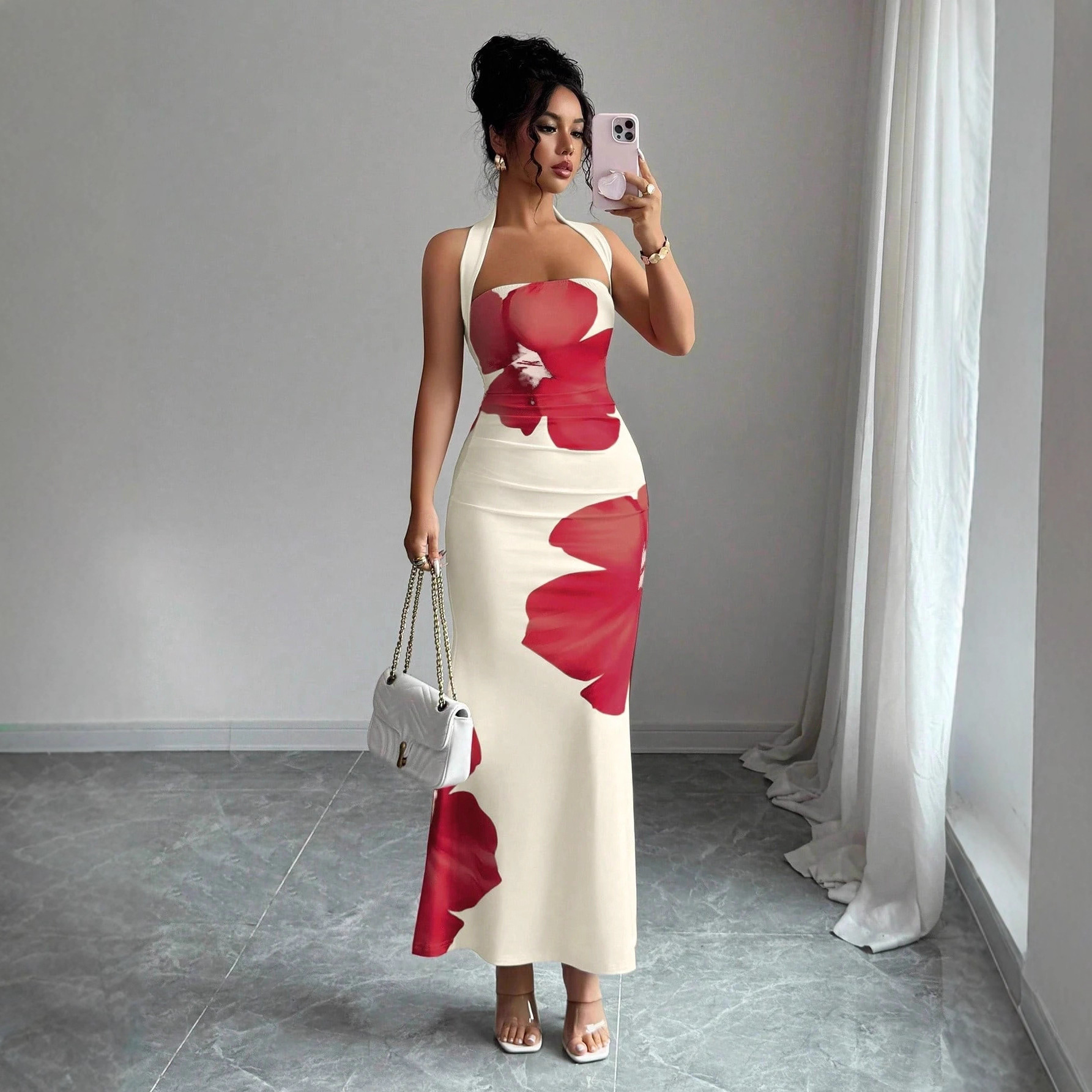 The 2026 new independent station bestseller of European and American foreign trade women's clothing, the halter-neck backless long dress with a figure-hugging print dress full figure