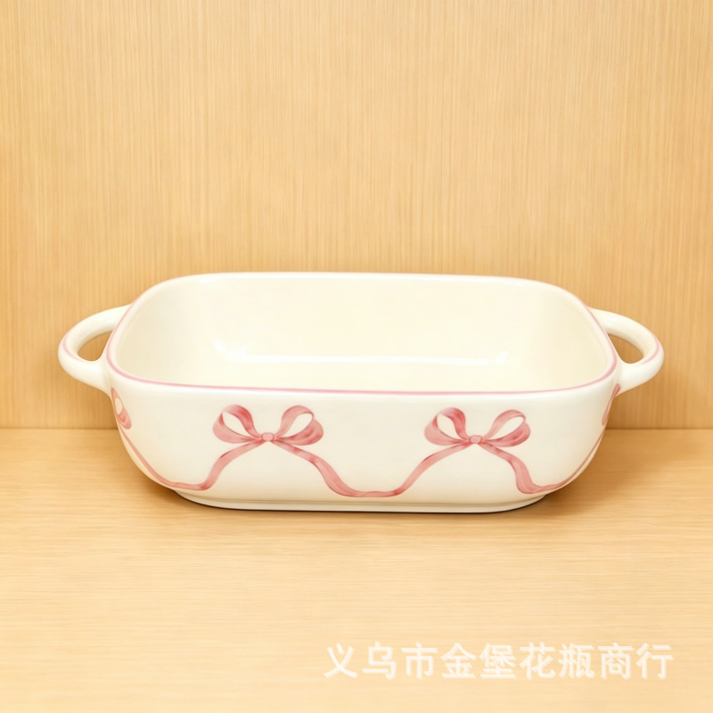 韩系粉色蝴蝶结陶瓷碗盘 网红少女心西餐盘汤碗甜品碗家用陶瓷套