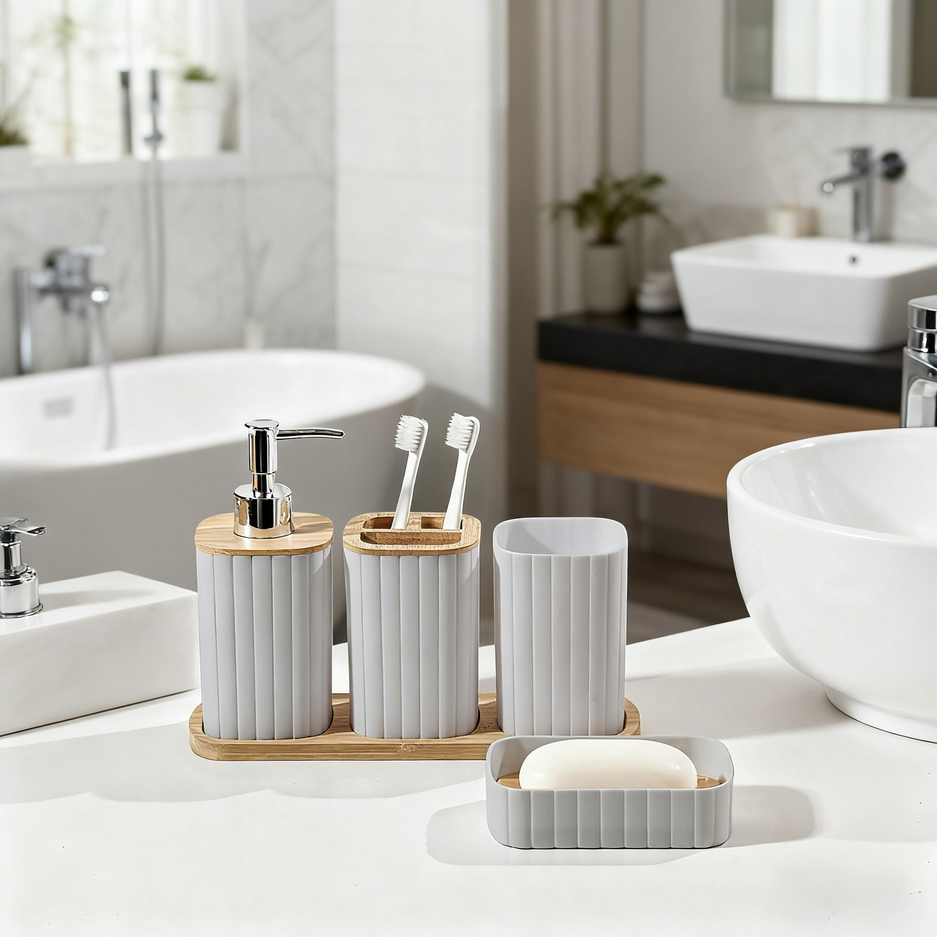 洗漱用品浴室5件套装酒店摆件现代条纹耐用肥皂盒竹托皂液器口杯细节图