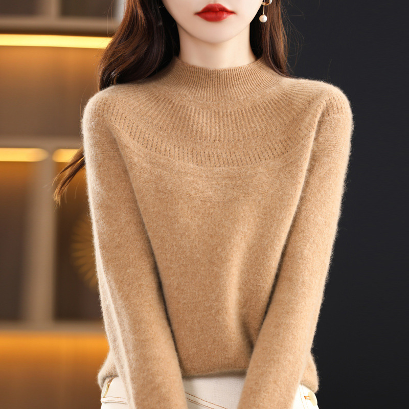 New autumn and winter collection of 100 cashmere sweaters, women's semi-high neck one-piece ready-to-wear pullover knitted long-sleeved cashmere sweater base layer Specification image
