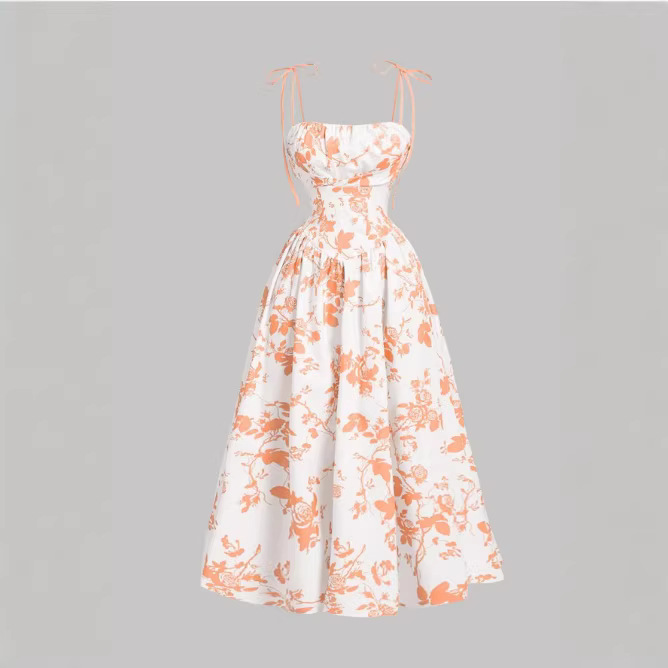 2026 European and American Amazon French retro floral print elegant and intellectual waist-cinched halter dress for women Specification drawing