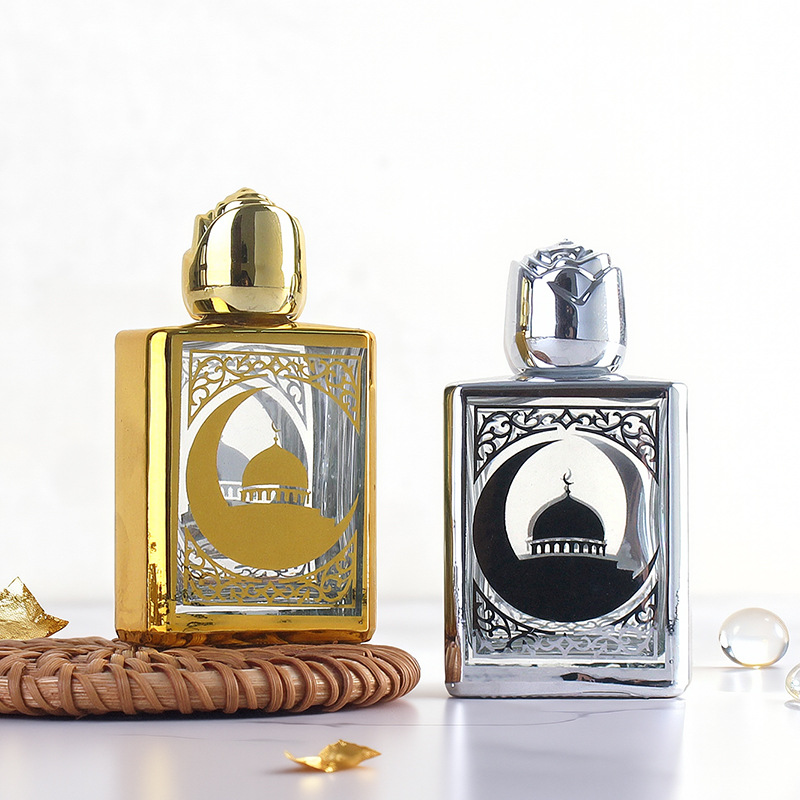 Cross-border 15ml electroplated UV perfume bottle, baptism holy water bottle, rose luxury embossed gold essential oil glass bottle