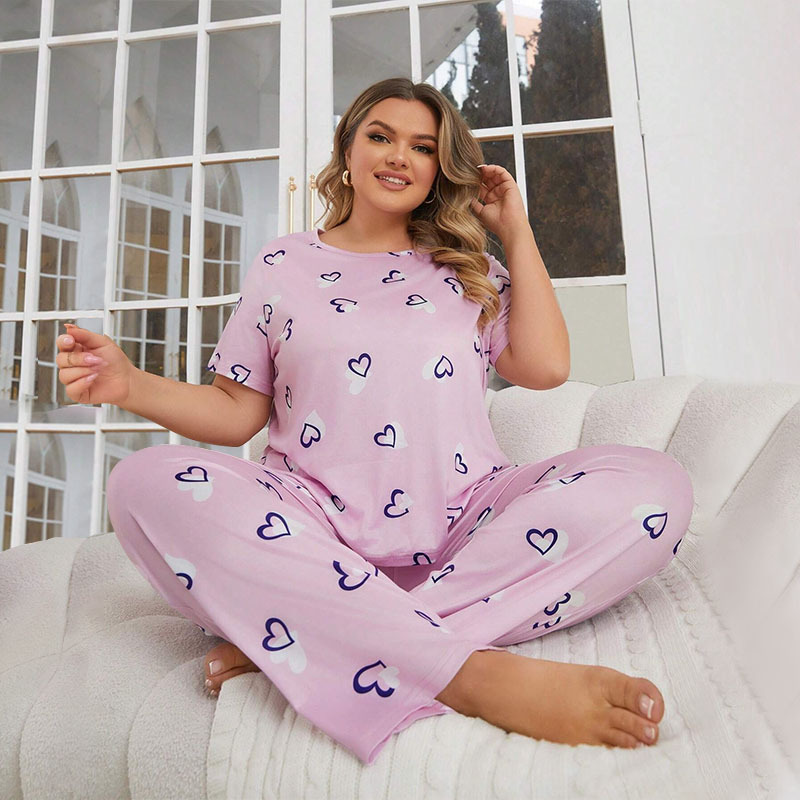 Cross-border autumn and winter plus-size pajamas, women's heart-shaped printed round-neck short-sleeved shirts and long pants, European and American home wear set Pajama