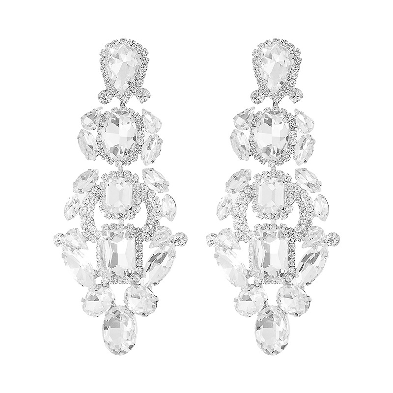 Cross-border European and American full-diamond long Earrings, luxurious, exaggerated irregular water diamond earrings, women 's personality, versatile and trendy accessories Earrings Item Picture