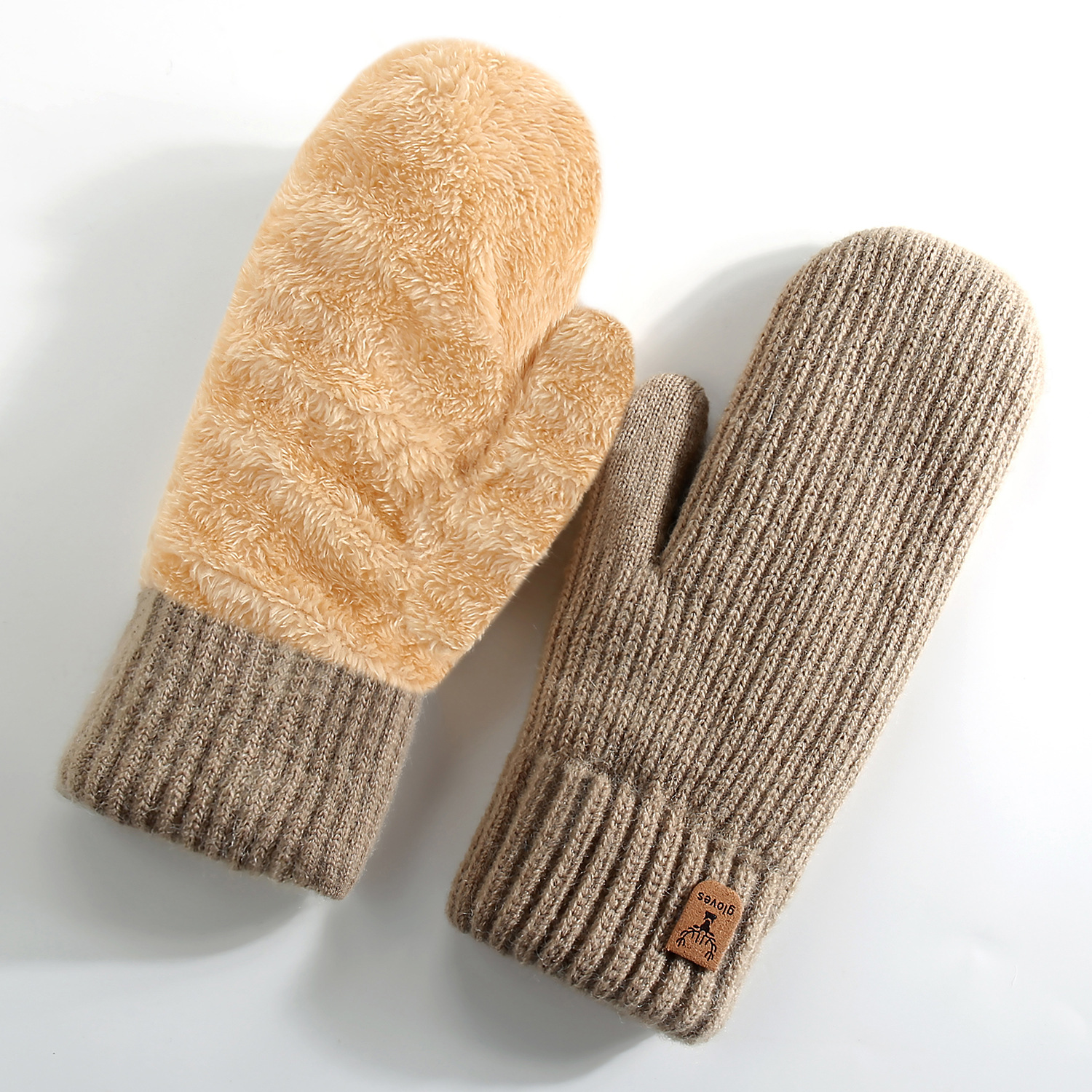 New knitted gloves, Amazon winter fleece thickened double-layer warm gloves, riding bags, finger-and-finger gloves