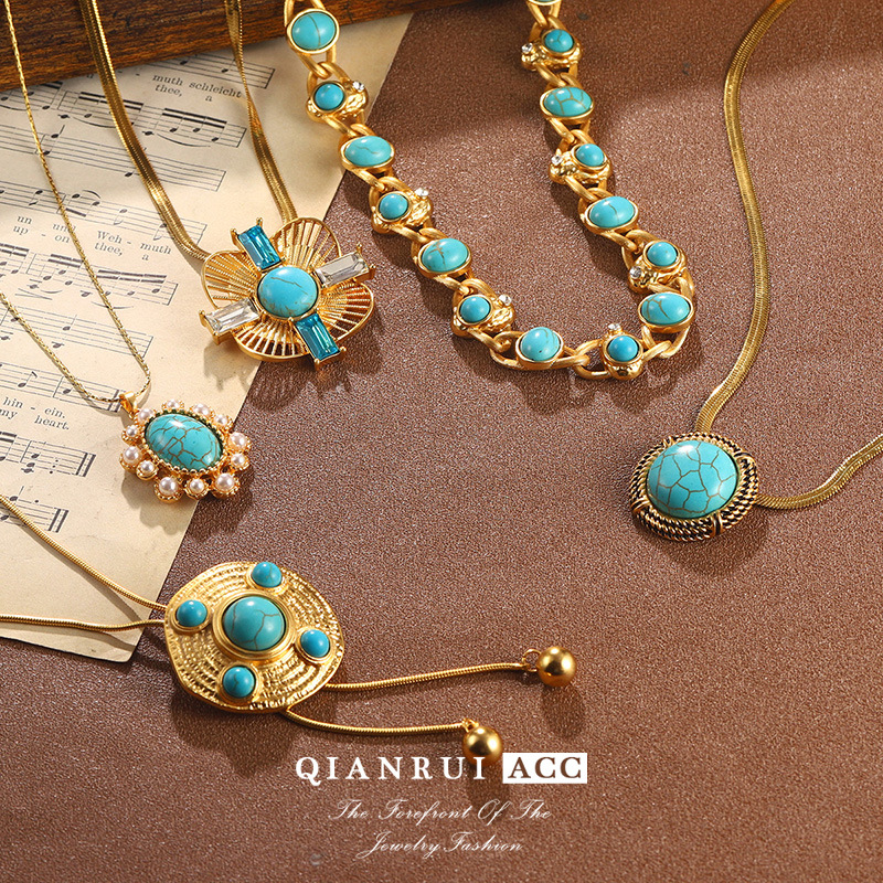 时尚法式百搭镶嵌绿松石项链女士高级感复古单层时尚气质感饰品批