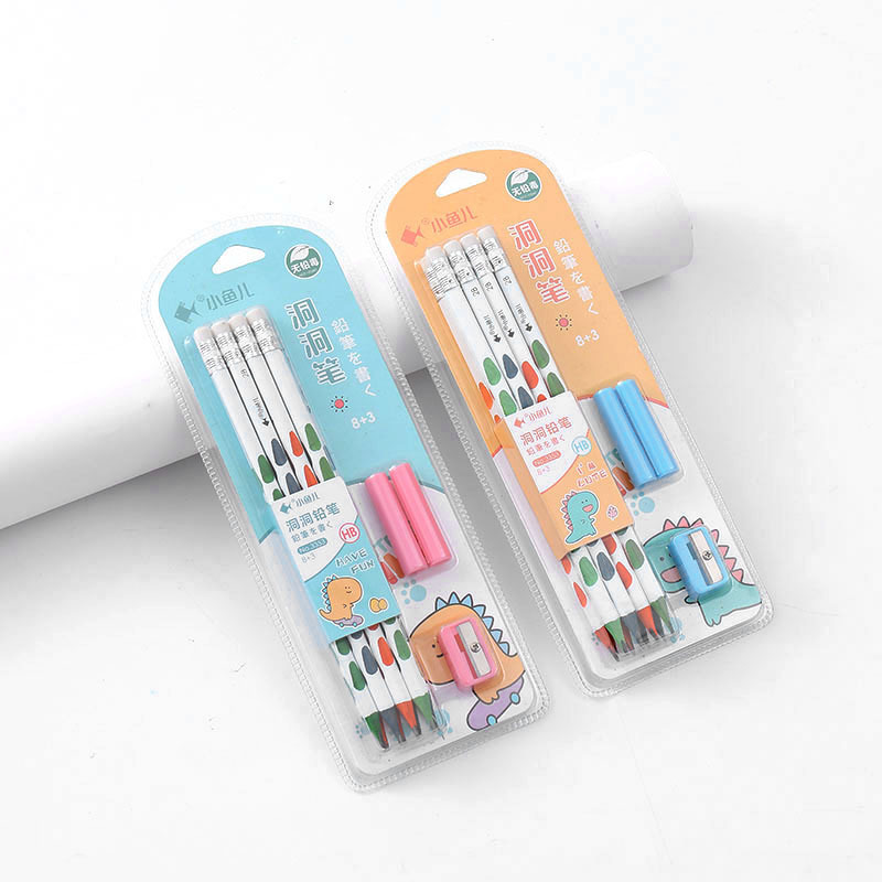 HB/2B Colored Pen Barrel Multi-color Hole Pencil (teardrop Style) with eraser tip Pencil sharpener grip set