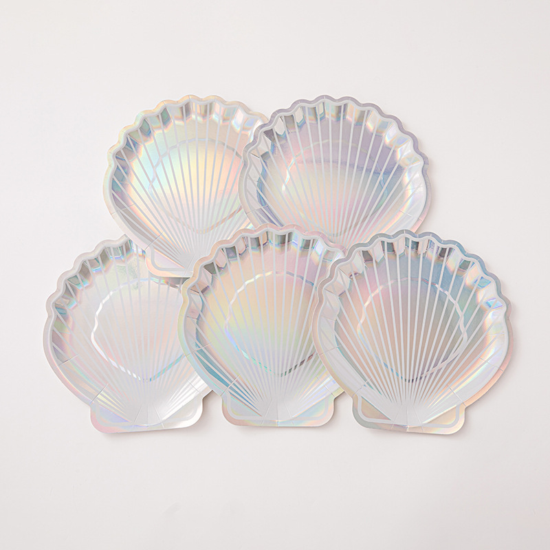 一次性异型纸盘跨境热卖派对用品炫彩镭射贝壳纸盘现货