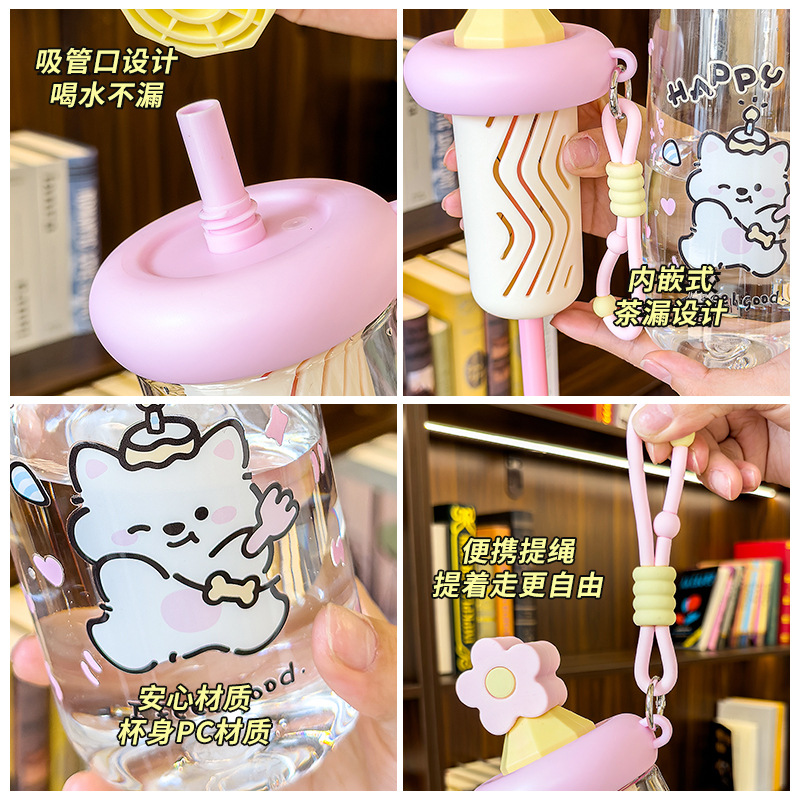 Cute cat-patterned transparent water cup with handle, glass cup with sun relief, glass thermos Application Scenario
