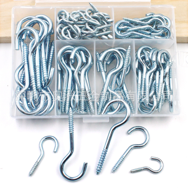 Cross-camera supply: 115 pieces blue and white zinc lamp hook self-leveling screw hook question mark hook sheep eye circle curtain hook set Specification image