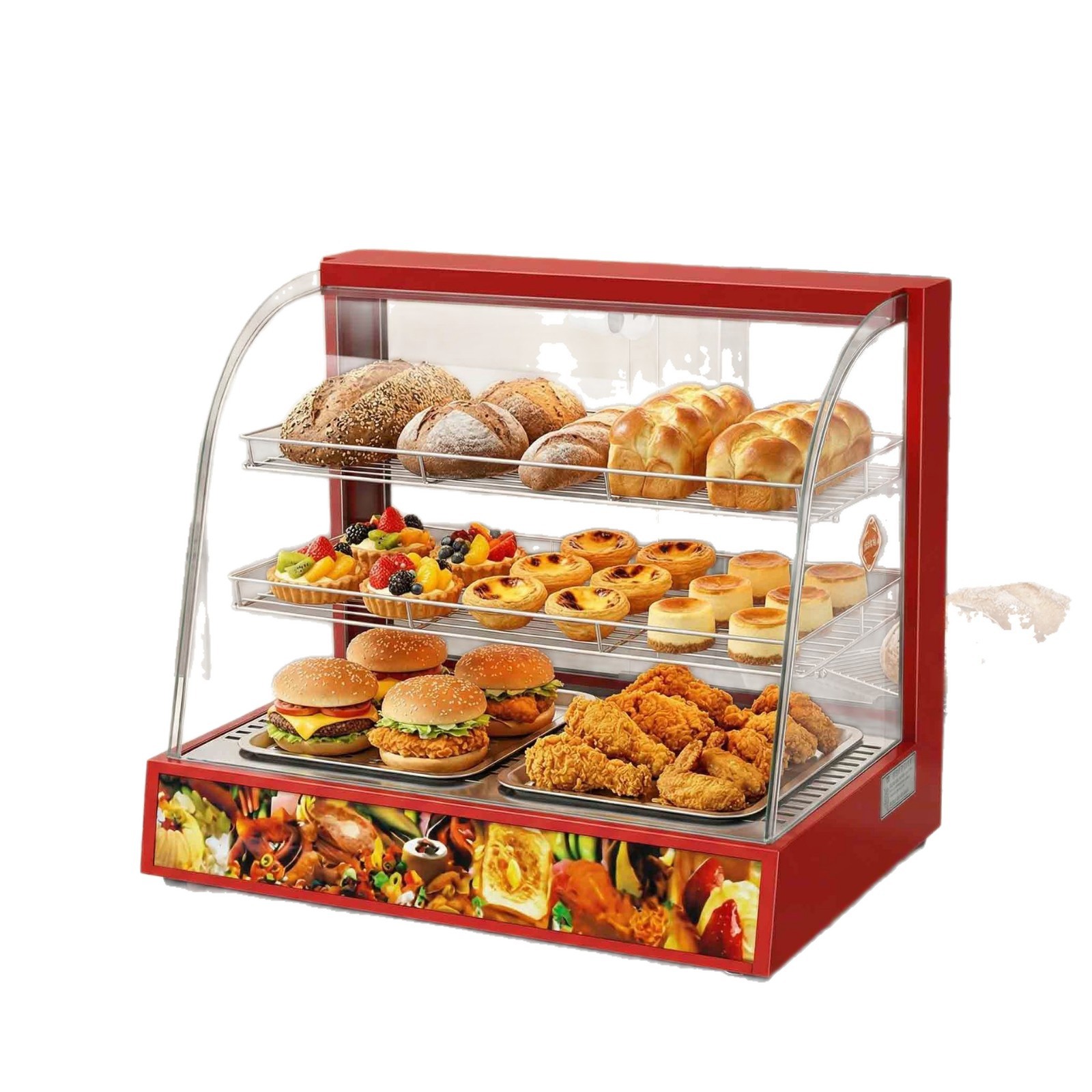 Commercial three-layer insulated cabinet, food insulation display cabinet, fast food restaurant hamburger cooked food cabinet, glass insulated display cabinet Item Picture