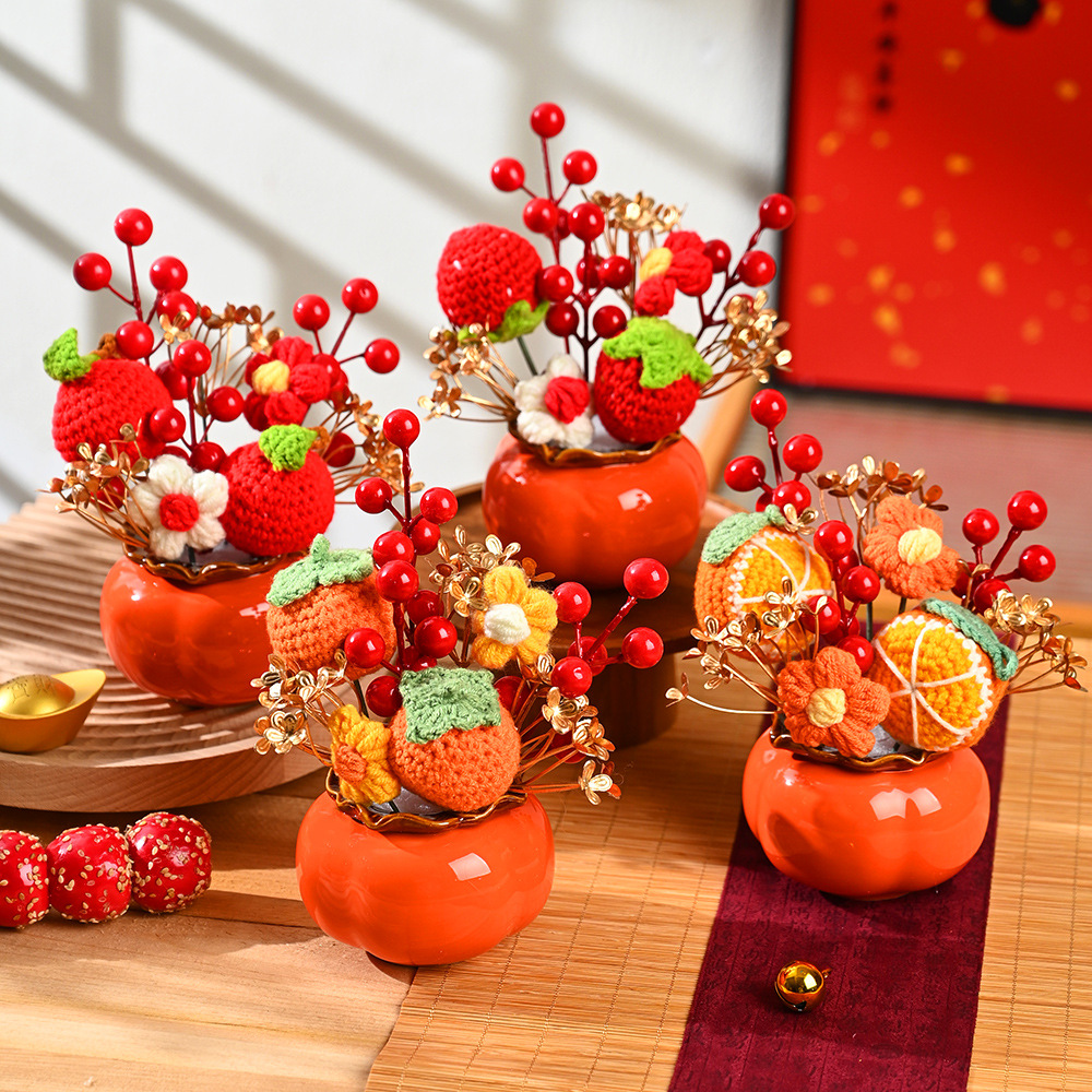 新年乔迁装饰仿真成品毛线花针织花盆栽桌面摆件实用小礼品批发