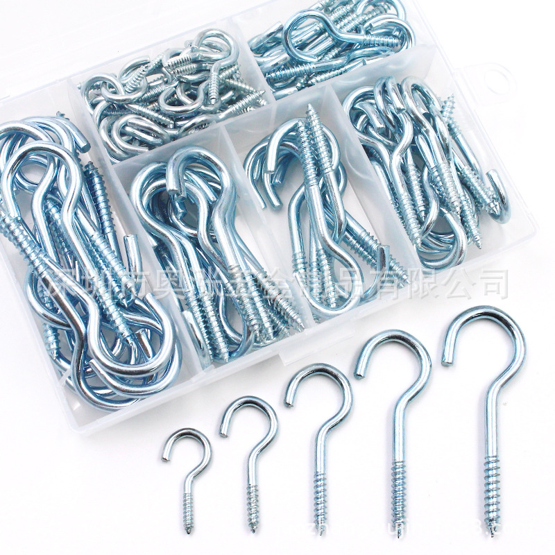 Cross-camera supply: 115 pieces blue and white zinc lamp hook self-leveling screw hook question mark hook sheep eye circle curtain hook set Item Picture