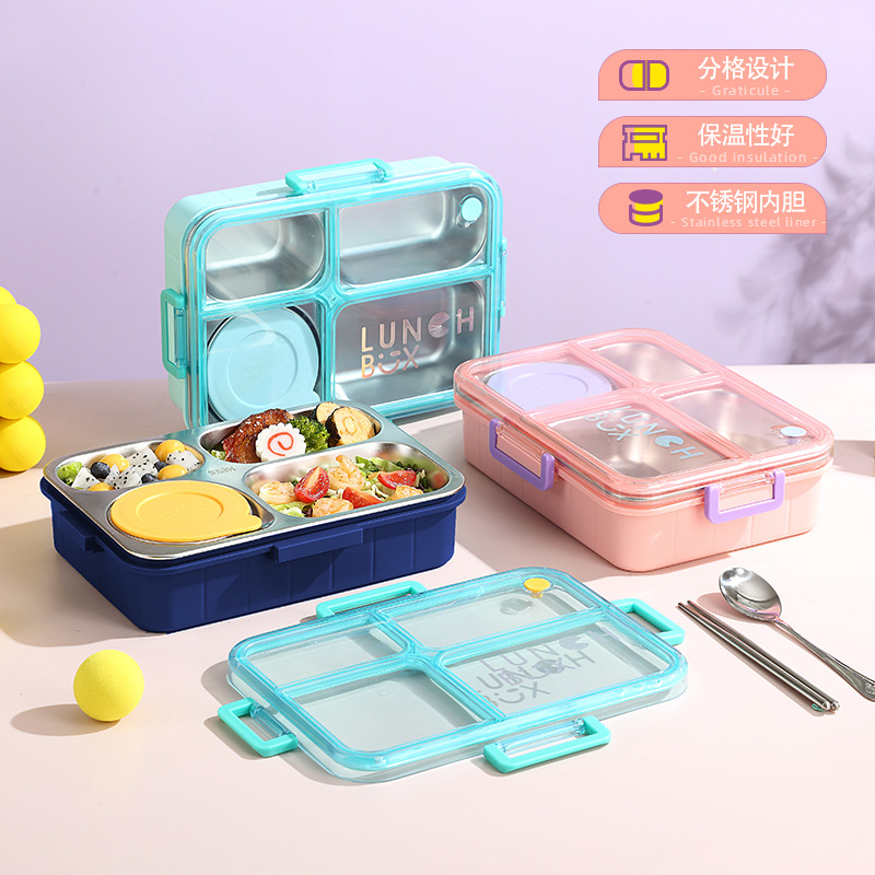 Stainless steel compartments lunch box, simple and fashionable, laser student lunch box, special non-odor-mixing lunch box for cafeteria dining
