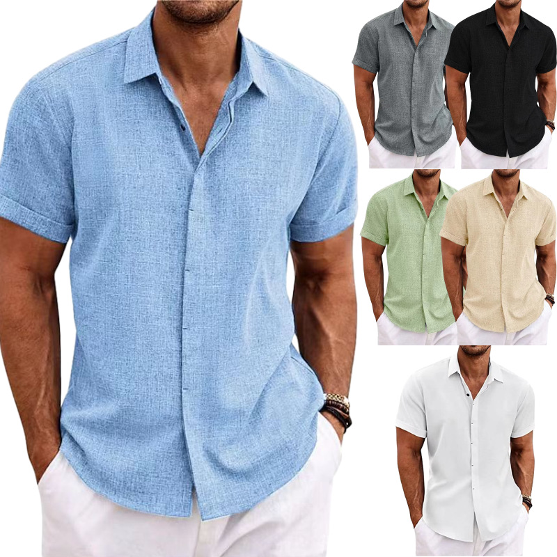 Men's linen short-sleeved T-shirt, loose undershirt, solid color short-sleeved cotton and linen shirt, men's beach large-sized men's short-sleeved shirt full figure