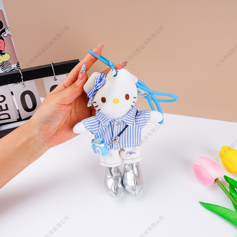 New striped long-legged kt cat plush toy pendant, cute style backpack keychain, cartoon dress-up doll pendant Specification drawing