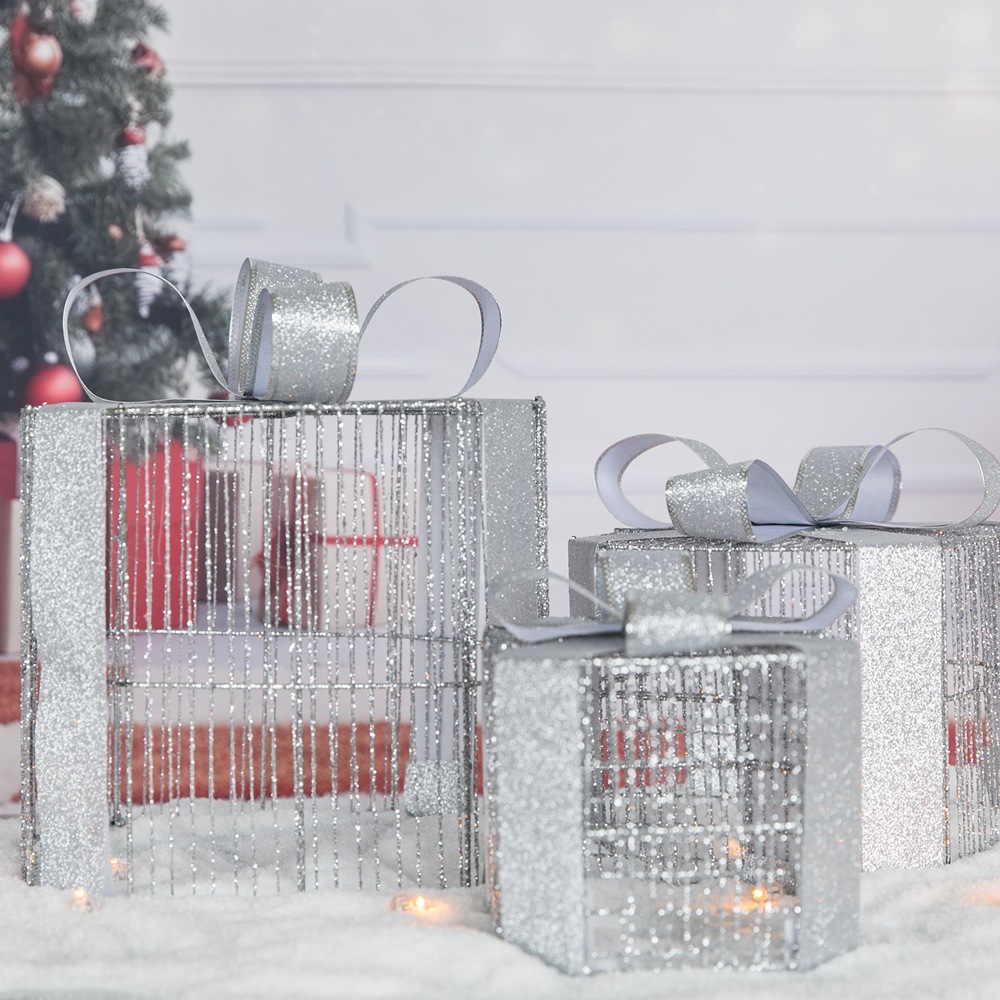 Christmas gift box three-piece set, ironwork luminous strip light led Christmas tree ornament, decorative items, gift box Specification image