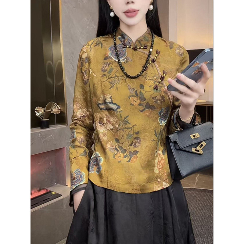 国潮秋装新中式国风改良旗袍立领盘扣提花衬衫女洋气唐装小衫上衣