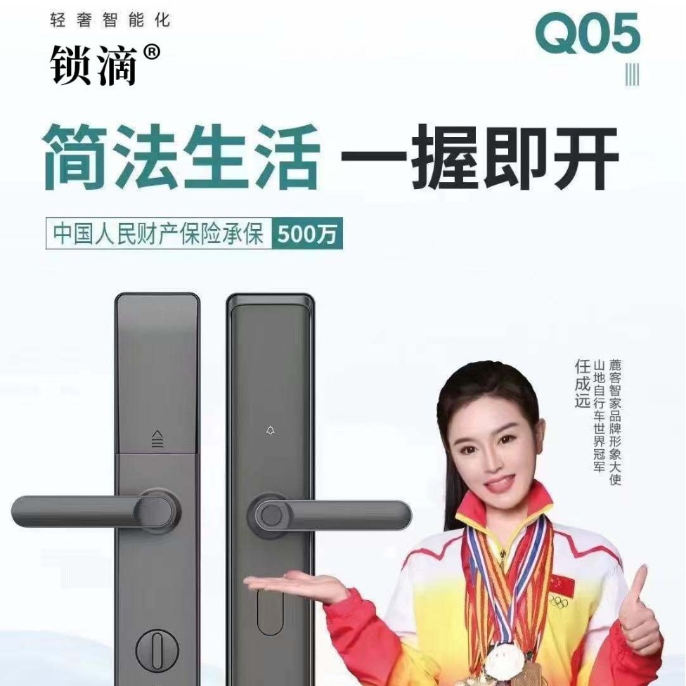 Grey smart door lock, fingerprint recognition, digital keyboard, green indicator light, long handle, side knob details Picture