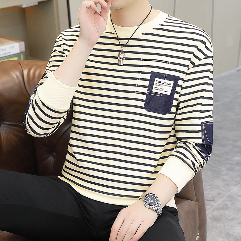 Striped round-neck hoodie for men, spring and autumn loose trendy brand casual base layer, men's style, paired with long-sleeved T-shirt inside