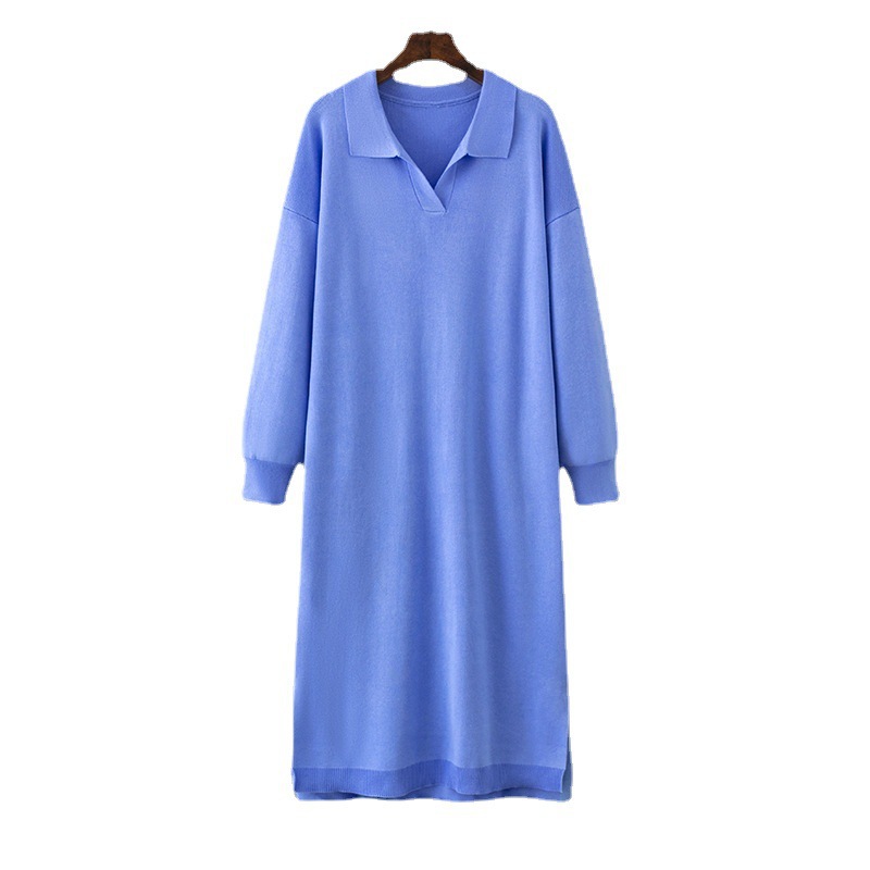 2023 Autumn/Winter new Amazon European and American Polo collar base knitted long dress, loose large-sized solid color women's dress Item Picture