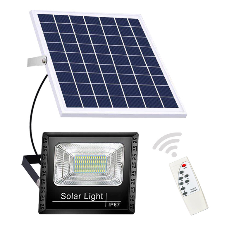 Black solar floodlights for outdoor lighting, with deep blue solar panels and black cables Item Picture