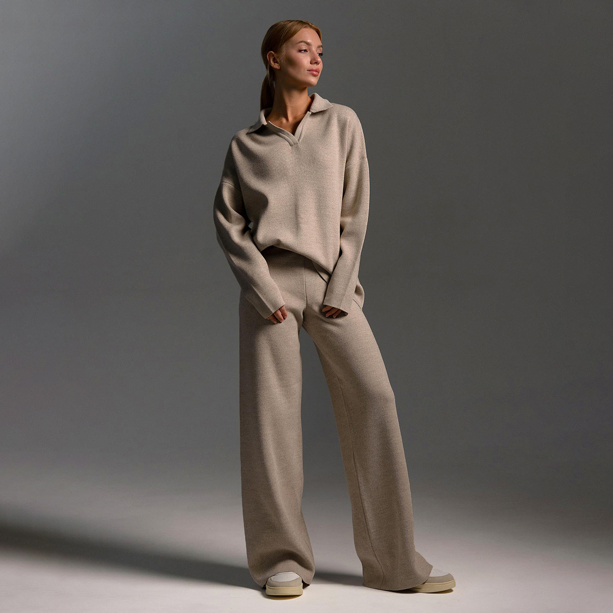 Cross-border knitted set: European and American autumn and winter sweater set, Polo collar knitted pullover + wide-leg long pants two-piece set full figure