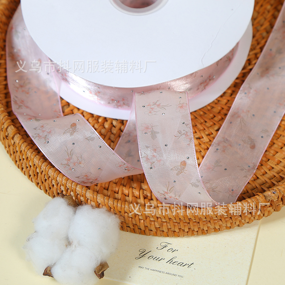 4cm spring style snow gauze ribbon with hot diamond, diy handmade bow accessories, jacquard webbing, flower gift box packaging strap wholesale details Picture
