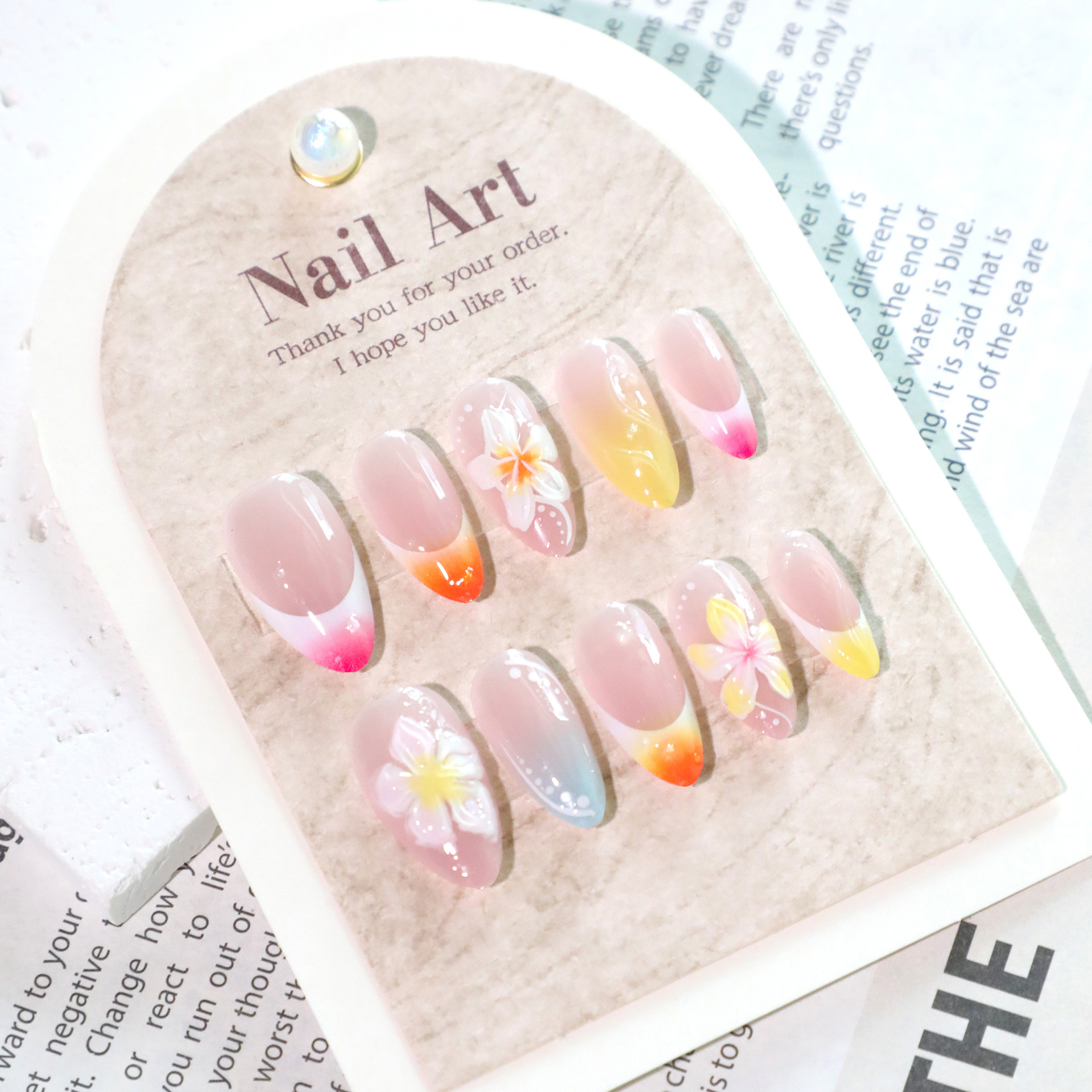 3D French flower whitening wearable nail short almond nail nail plate wearable high-end false nail wholesale details Picture