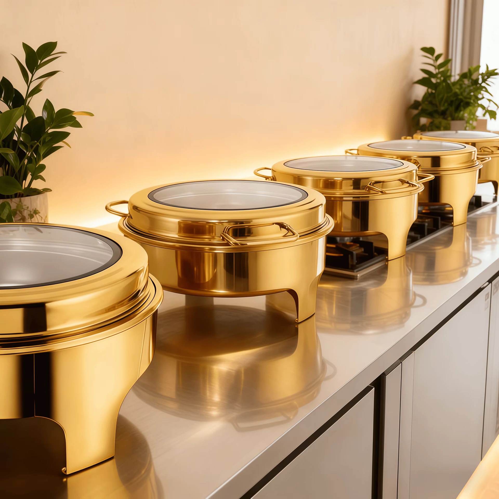 High-quality 6L round self-service stove set with visible glass cover, stainless steel, hotel commercial kitchen equipment