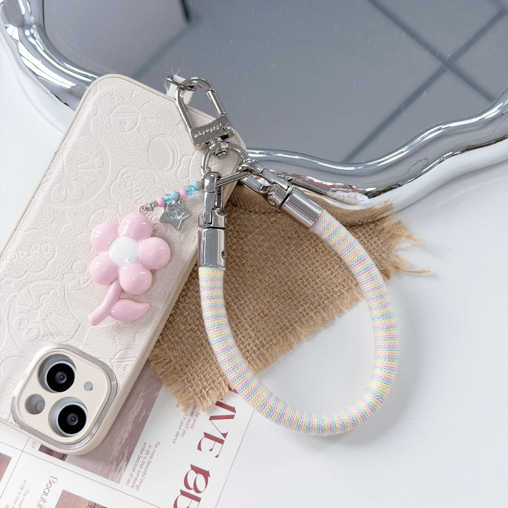 Cotton loop woven mobile phone lanyard, bracelet, small flower pendant, cute and versatile lanyard, bag pendant, anti-loss and firm Application Scenario