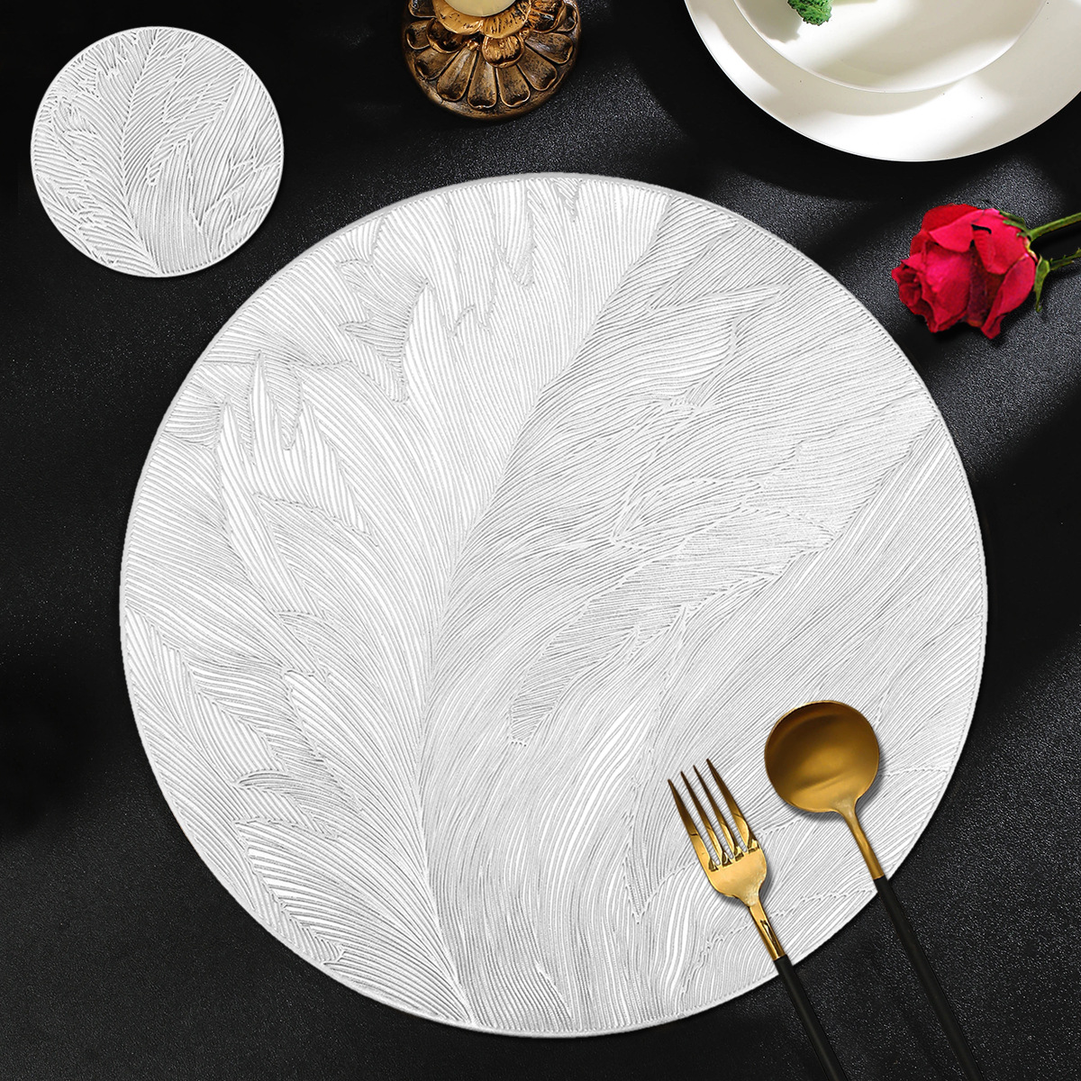 跨境热销羽毛餐垫防水防油PVC烫金花瓶垫高级感轻奢可水洗隔热垫细节图